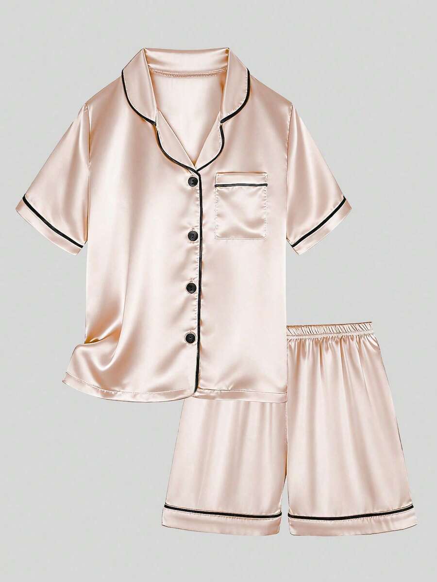 Tween Girl Pink Single-Breasted Short Sleeve Top And Shorts Pajama Set
