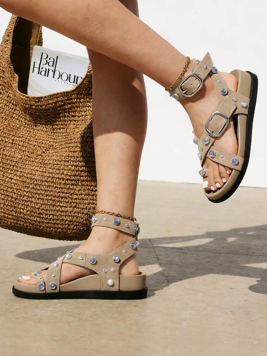 Flat Sandals For Women Casual Bohemian Retro Sandals Strappy Adjustable Open Toe Sandals Comfortable Beach Summer Thong Studded Flip Flops - 杏色 - 查看 1