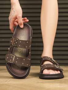 2026 Men's Brown Rivet Sandals, Fashion Double Buckle Punk Rivet Slippers, Plus Size Retro Open Toe Beach Sandals, Non-Slip Breathable Comfortable Versatile Flat Slides, Thick Sole Outdoor Flip Flops, Strap Beach Shoes - Brown - View 9