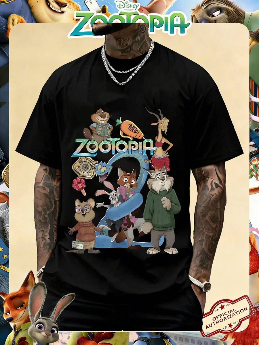 Disney Official Licensed Zootopia 2 Character Group Print 230g Cotton Crew Neck Unisex Tee - 黑色 - 查看 1
