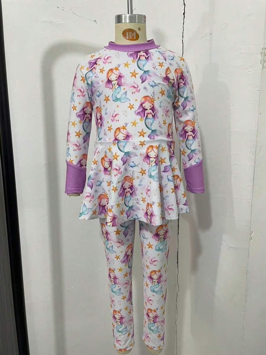 小女孩卡通美人鱼印花长袖拉链泳衣套装 - 彩色 - 查看 1