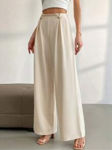 女款鈕扣金屬腰褶皺長褲，適合辦公室、居家、日常穿著、約會、旅行、茶會、早午餐、機場、婚禮、度假 - 杏色 - 查看 1