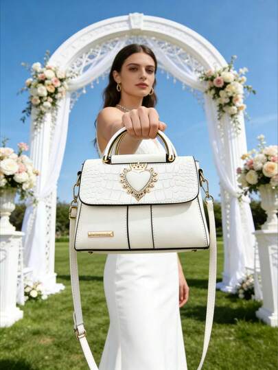 1pc Heart Crown Design Women's PU Leather Soft Handbag, Shoulder Bag, Crossbody Bag, White Elegant Tote Suitable For Weddings, Music Festivals