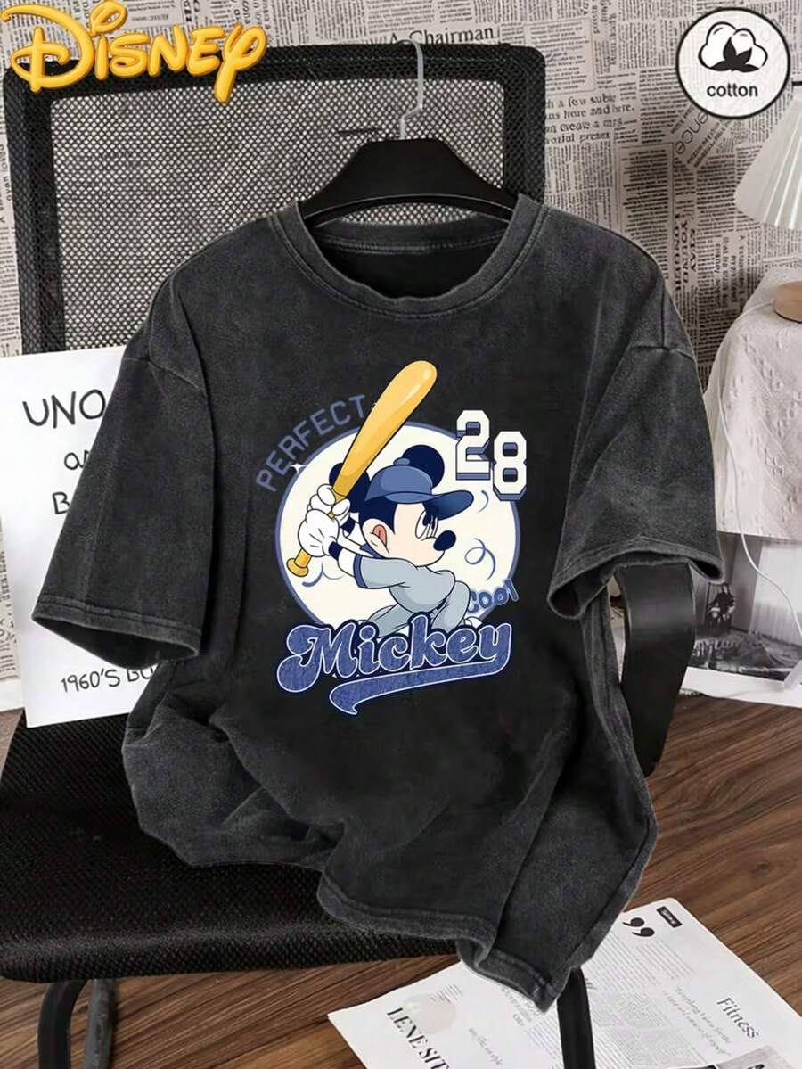Disney Mickey Mouse Classic 1928 Theme | Creative Printed Washed Vintage Women's Crew Neck T-Shirt | Commute Style, Loose Fit, Spring/Summer Unisex - màu đen - Xem 1