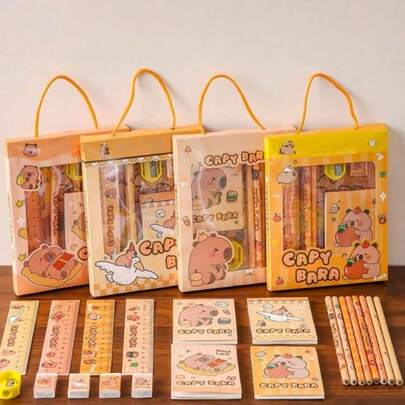 1/6件套文具礼盒，包含尺子、2支笔、卷笔刀、橡皮、小笔记本、精美文具礼盒、涂鸦套装、美术套装和书写套装