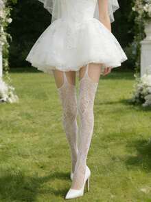 1双新娘法式蕾丝过膝长袜，修身性感浪漫婚礼风格，适合女性日常约会、派对等场合。 - 彩色 - 查看 1