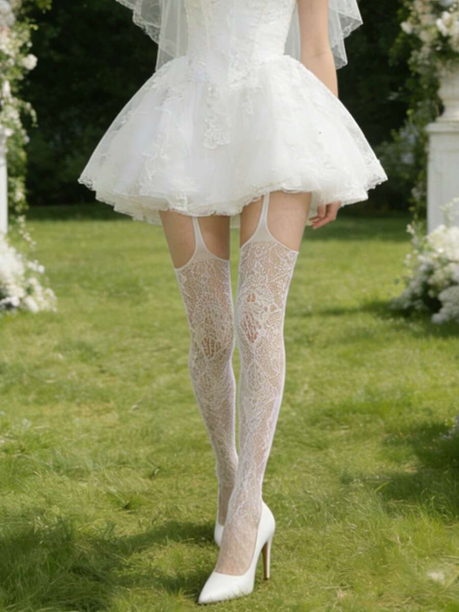 1双新娘法式蕾丝过膝长袜，修身性感浪漫婚礼风格，适合女性日常约会、派对等场合。 - 彩色 - 查看 1