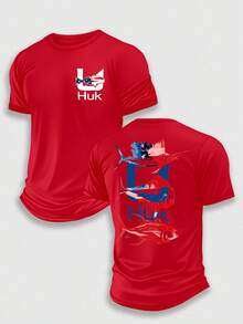 (220 Pieces Of Pure Cotton T-Shirts)HUK TROPHY TRIO Fishing Performance T-Shirt, Moisture Wicking Quick Dry Tee, High-Quality Graphic Printed Outdoor Sportswear, Men's Short Sleeve Shirt, American Flag Fish Trio Art, Marlin & Tuna Graphic, Holiday Gift, Performance Gear, Lightweight Breathable, Camisetas Para Hombre, Men Vacation Outfits, Urban Outdoor Style - Red - View 1