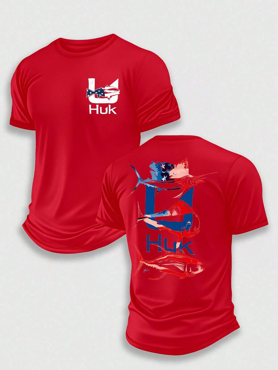 (220 Pieces Of Pure Cotton T-Shirts)HUK TROPHY TRIO Fishing Performance T-Shirt, Moisture Wicking Quick Dry Tee, High-Quality Graphic Printed Outdoor Sportswear, Men's Short Sleeve Shirt, American Flag Fish Trio Art, Marlin & Tuna Graphic, Holiday Gift, Performance Gear, Lightweight Breathable, Camisetas Para Hombre, Men Vacation Outfits, Urban Outdoor Style - Red - View 1