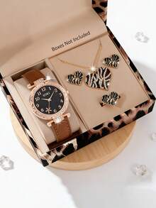 SOKI SOKI Women's Watch Set Fashionable Casual Round Case Quartz Watch Paired With Leopard Print Necklace, Earrings, And Ring Jewelry Set Suitable For Everyday Wear Ideal Gift (Gift Box Not Included) - Brown - View 2