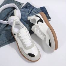 Women's Spring/Summer New Lace-Up Patchwork Sneakers, Round Toe Flat Casual Shoes - White - View 6