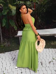 AIJ Amarilo 女士性感度假无袖荷叶边露背系带短款上衣和多层荷叶边长裙套装 - 豆綠色 - 查看 2