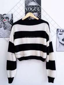 SJD MODA LADY Striped Sweater Knit Modal Off Shoulder Super Autumn Winter Korean Style Best Fabric - Stripes Black and White - View 3