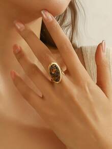 1枚优雅百搭时尚天然宝石及18K镀金不锈钢几何戒指，女士日常及节日配饰 - 金色 - 查看 13