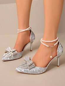 银色高跟鞋，时尚水晶蝴蝶结尖头细跟高跟鞋，仙女风春夏新款，踝带银色凉鞋，猫跟女鞋，性感正式高跟鞋，可搭配连衣裙或旗袍 - 銀色 - 查看 7