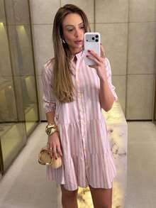Midi Flared Shirt Dress With Mandarin Collar, High Button-Down Shirt, Linen Beach Cover-Up With Long Sleeves, Ruffled Trim, And Striped Design. - Rosa - View 2