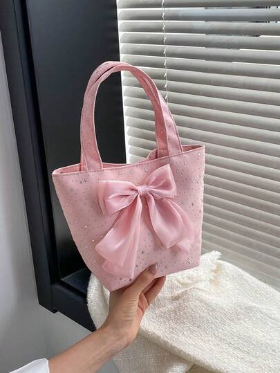 1pc Cute Compact Handbag With Bow Decor, Versatile Tote Bag With Star Pattern Design