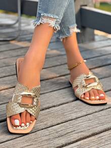 夏季新款方头金色编织金属扣单带凉鞋，欧美风方头平底凉鞋，女士款 - 金色 - 查看 5