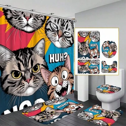 1/3/4 Piece Cute Animal Pattern Shower Curtain Set With 12 Hooks, Bathroom Decor Curtain, Non-Slip Bathroom Mat Toilet Seat Cover Set, Washable Fabric For Bathroom, RV, Holiday Decoration - All Year Round, Valentine's Day Home Decor