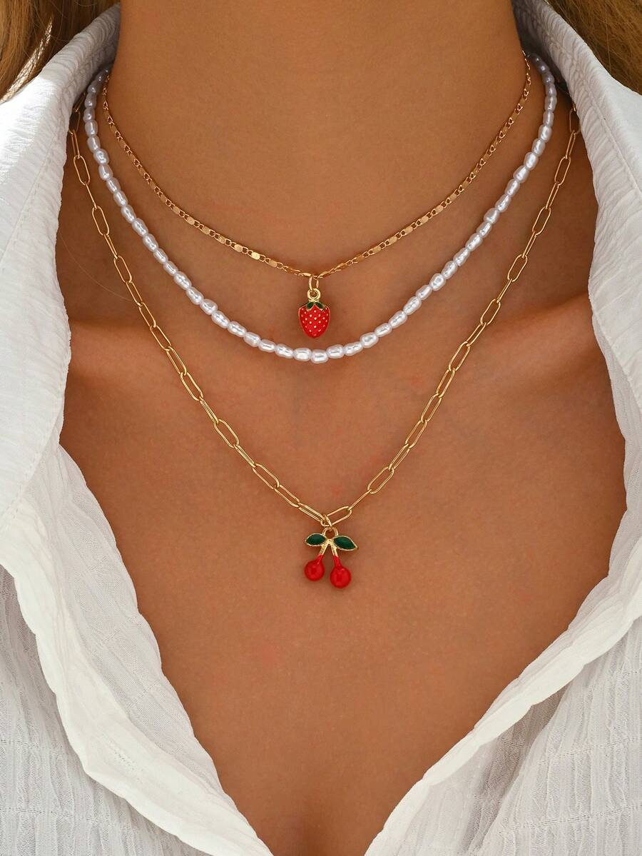 3pcs/Set Cute Enamel Strawberry & Cherry Pendant Necklace, Handmade Beaded Multi-Layer Choker Necklace For Women, Suitable For Daily Wear, Beach, Party, Date, Music Festival - Multicolor - View 1