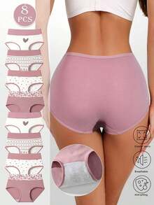 8 Pcs High Waisted Cotton Women's Underwear,Pink Print Ropa Interior Mujer,Soft And Comfortable Underwear For Women,Students Can Wear Women Panties Available In Plus Size Bragas Mujer - 粉色 - 查看 3