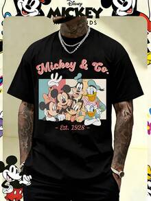 Disney Official Licensed Mickey & Co. Est.1928 Retro Print 220g Cotton Crew Neck Unisex Tee - Black - View 1