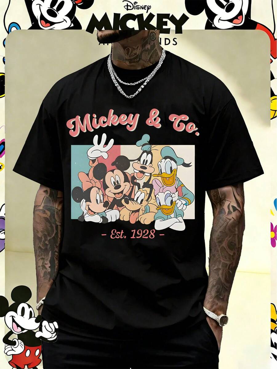Disney Official Licensed Mickey & Co. Est.1928 Retro Print 220g Cotton Crew Neck Unisex Tee - Black - View 1