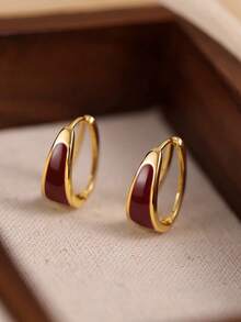 1对简约奢华日常百搭耳环，适合聚会等场合，优雅几何镂空酒红色时尚小耳环，女士款 - 酒紅色 - 查看 9