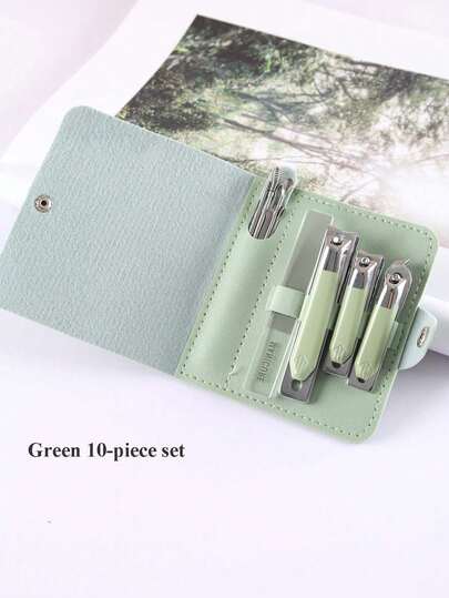 10pcs Nail Care Set, Nail Clipper, Nail Trimmer, Nail File, Cuticle Nipper, Stainless Steel Manicure Tools, Green/Gray/Beige, Suitable For Travel And Home Use