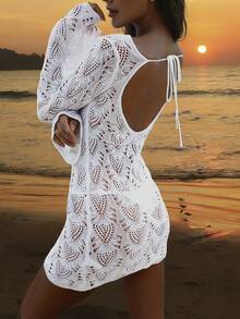 Women's Summer Beach Vacation Bohemian Music Festival French Elegant Sexy Hollow See-Through Chiffon Backless Long Sleeve Crochet Cover-Up Dress Skirt, White - White - View 5