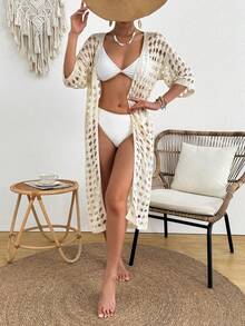 Lightweight Hollow-Out Large Grid Knit Cardigan, Loose Fit Drop Shoulder Casual Sexy Beach Vacation Silky Jacket, Summer - Apricot - View 1