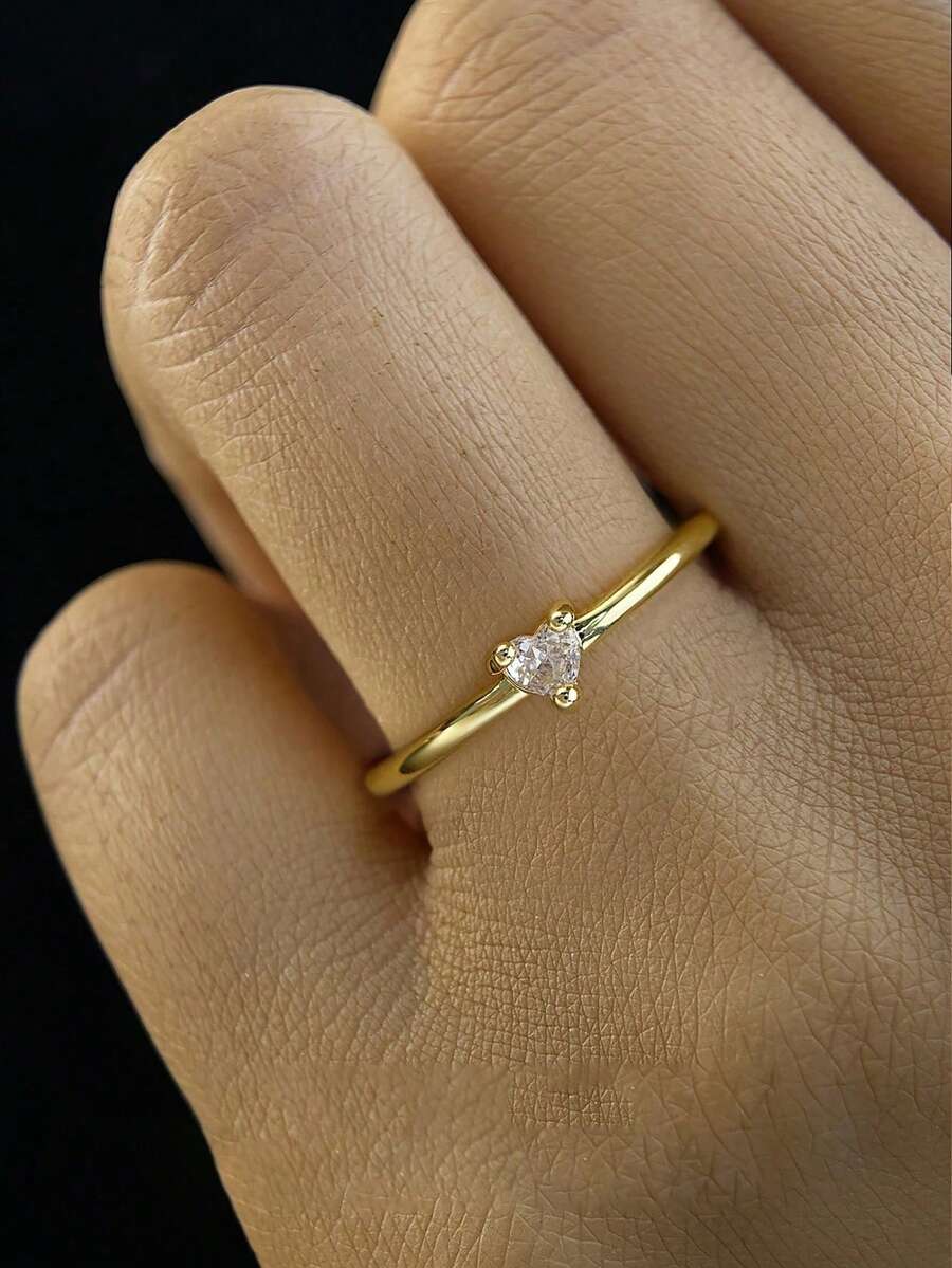 1枚奢华超哑光光滑宝石镶嵌戒指，金戒指，心形宝石戒指，节日场合送给女性的精致礼物 - 金黃色 - 查看 1