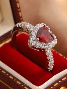 经典红色心形几何戒指，情人节或派对送给女性的珠宝礼物 - 紅色 - 查看 4