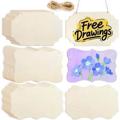 24pcs 3 Styles Blank Wooden Signs - Rectangular Hanging Wooden Tags With Ropes, Suitable For DIY Painting, Wall Decor, Door Decor And Home Decoration