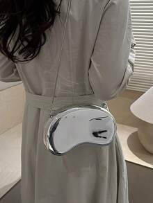 金属银色镜面不规则手拿包，优雅链条单肩包，奢华派对手提包，时尚百搭手机零钱包 - 銀色 - 查看 3