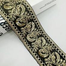 1/5码手工蕾丝花边，带金色亮片 - 6种颜色（黑色、白色、蓝色、绿色、金色、棕色） - 优雅花卉图案，适用于服装、礼品包装、DIY缝纫、家居装饰和初学者缝纫 - 多色 - 查看 15