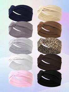 10条装女士纯色交叉休闲发带，百搭日常时尚发饰，度假发带，夏季、假日、旅行必备 - 彩色 - 查看 18