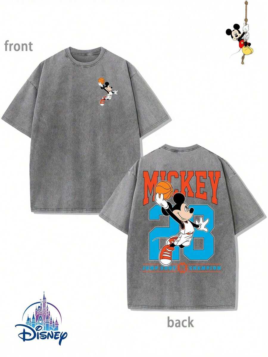 Disney Official Licensed Mickey Mouse #28 Jump Shot Champion Print Vintage Wash 230g Cotton Crew Neck Unisex Tee - 灰色 - 查看 1