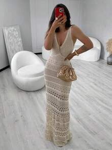 Free-Form Spring/Summer New Elegant Casual Women's Hollow-Out Long Knitted Dress, Sexy, Beach, Vacation, Seaside White - White - View 3