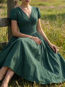 女士优雅长裙，时尚泡泡袖V领设计，法式复古风，收腰喇叭裙摆，夏季约会之夜连衣裙 - 綠色 - 查看 7