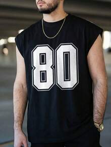 FRACTYR Men's Casual Sleeveless T-Shirt, 80 Graphic Print, Loose Fit Summer Sports Style Tank Top - Black - View 1