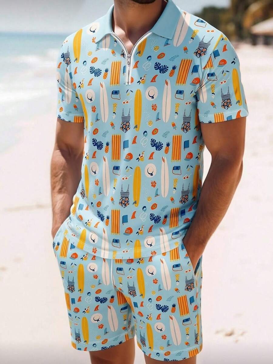 Bộ áo polo tay ngắn và quần short nam phong cách thường ngày đi nghỉ mát. - Nhiều màu - Xem 1