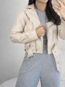 Women's Premium PU Leather Bomber Jacket With Belt And Buckle | Front Zipper, Pockets And Buttons | Modern Fashion Style - Beige - View 3