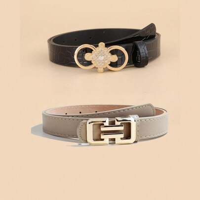 1 Set Of 2 Fashion Belts For Women, Versatile Decorative Denim Jeans Belt & Slim Waist Belt Combo LR1290+LR1842