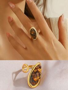 1枚优雅百搭时尚天然宝石及18K镀金不锈钢几何戒指，女士日常及节日配饰 - 金色 - 查看 1