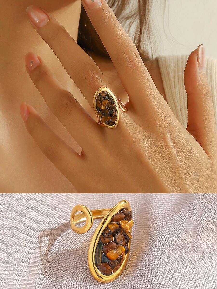 1枚优雅百搭时尚天然宝石及18K镀金不锈钢几何戒指，女士日常及节日配饰 - 金色 - 查看 1