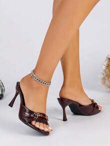 Women's Summer New One-Strap Round Toe Tassel Chain Buckle Stiletto High Heel Slippers - Burgundy - View 6