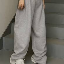 Women's Wide Leg Sweatpants, Plain Cotton, Casual, Lined, For Training, Streetwear - 灰色 - 查看 2