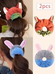 兔子和狐狸毛绒发圈，女士秋冬卡通蓬松发圈，打造优雅休闲发型 - 适合女孩和女士，满足日常需求。轻松打造简单马尾辫、精致发髻或创意发型，实用又时尚！可用作学习用品、礼物、发圈、发带。 - 彩色 - 查看 9