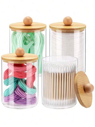 3M 4 Packs Swab Storage Box, 10 Oz Bathroom Storage Accessory Container, Clear Plastic Medicine Bottle With Bamboo Lid, Can Store Swabs, Dental Floss, Etc.